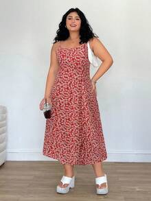 Solflare 大码女式沙滩度假装，白色碎花绿色吊带连衣裙，春夏服装 - 紅色 - 查看 3