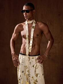 AKNOTIC Business Casual 男士时尚派对宴会全印花金色尖领西装外套和褶裥锥形西装裤套装 - 金色 - 查看 7