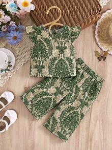 SHEIN Baby Girl Casual Floral Print Ruffle Armhole Top And Wide Leg Pants Set, Spring/Summer/Autumn - Green - View 2