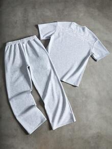 PAVTROS Men's Street-Style Popular English Signature Embroidered "Faker Love" English Personalized Signature Outdoor Music Festival, Daily Commute, Friends Gathering, Boyfriend/Husband Gift, Anniversary Gift, Light Grey T-Shirt And Pants Set - Light Grey - View 3