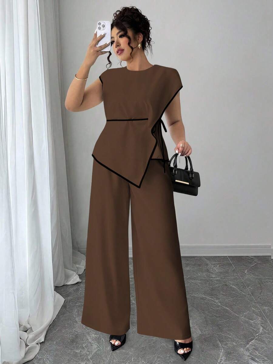 Elenzga Bộ đồ 2 mảnh cỡ lớn, tay ngắn, eo bất đối xứng. - màu nâu - Xem 1