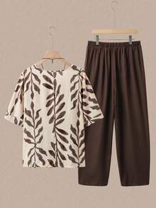 Linhara 大码女式树叶印花圆领短袖休闲衬衫，搭配松紧腰舒适长裤两件套，舒适度假休闲套装 - 彩色 - 查看 2