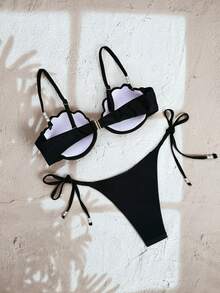 Bonvoyette 2026 Spring/Summer Black Spaghetti Strap Pearl Shell Hardcover Cleavage Sexy Side Tie Bikini Swimsuit 2 Pieces Set Padded Push Up Bikini Push Up Bra Swimsuit Underwire Bikini Set Sexy Vacation Outfits Women Navy Bikini Vacation Bikini European Summer Bikini Boat Party Outfit Women - Black - View 2