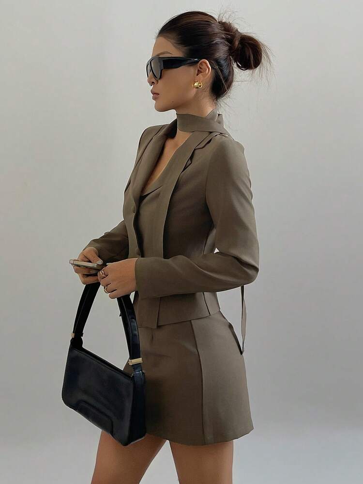 2pcs Women Casual Collared Tie-Waist Top And Skirt Set