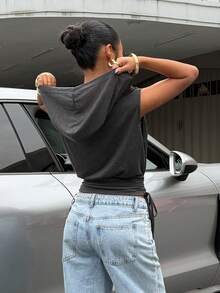 Muchica 深灰色针织女式休闲连帽抽绳背心 - 灰色 - 查看 2