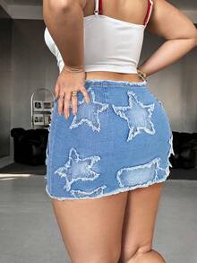 SHEIN ICON Plus Size Sexy Tight Stretch Denim Mini Skirt, Black - Light Wash - View 2