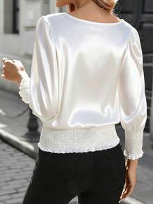 SHEIN LUNE 女士休闲纯色圆领宽松简约衬衫 - 白色 - 查看 2