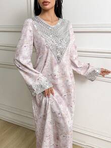 Al Najma Women's Floral Pattern V-Neck Long Sleeve Elegant Arabic Dress - Mauve Purple - View 3