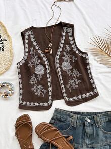 Soleia Chaleco de verano para mujer con bordado floral occidental y apertura delantera - Marrón - Ver 2