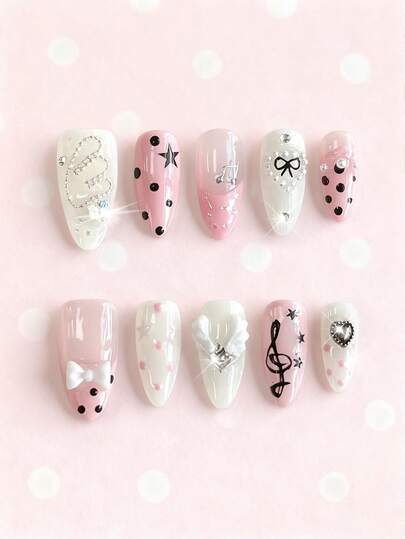 Anime 10pcs Cute Bowknot Music Note Star Element High Quality Handmade False Nails + 3pcs Double-Sided Adhesive, Y2K French Style Rhinestone Chain Polka Dot Removable Nail Art Stickers, Suitable For Holidays, Parties, Dancing And Daily Wear