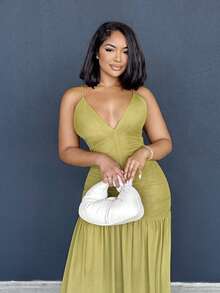 Alexandranx Ruched Front Drop Hem Dress Vacation Spring Spring Summer Occasion Wedding Deep V Cute Sexy Elegant Vacation Beach Holiday Ibiza Fall Night Out Wedding Guest, Elegant, Birthday, Church, Night Out Christmas - Olive Green - View 3