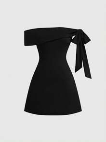 Sweetra Vestido elegante y sexy de hombros descubiertos con detalles de diseño, favorecedora, adecuado para primavera y otoño - Negro - Ver 1