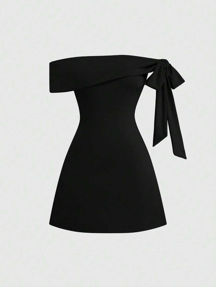 Sweetra Vestido elegante y sexy de hombros descubiertos con detalles de diseño, favorecedora, adecuado para primavera y otoño - Negro - Ver 1