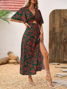 Breezaya Đầm maxi nữ kiểu dáng thắt nút xoắn phía trước, in hoa, xẻ tà bên hông, hở lưng. - Màu xanh Ô liu - Xem 6