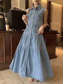 DAZY Women's Casual Washed Pocket Lapel Sleeveless Denim Dress, Summer - Blue - View 3