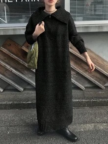 FRIFUL Women's Solid Color High Neck Dropped Shoulder Long Sleeve Loose Casual Versatile Long Straight Sweater Dress, Autumn/Winter - Black - View 3