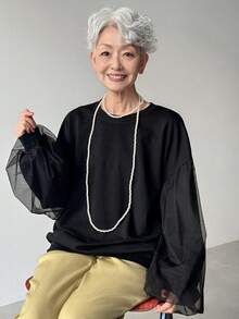 FRIFUL Women's Lightweight Sheer Mesh Patchwork Lantern Sleeve Loose Casual T-Shirt, Black, Spring/Summer - Black - View 7