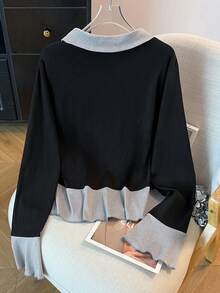 GlowEve CURVE Women's Plus Size Color Block Knit T-Shirt,Black,Autumn,Smart Casual,Everyday Fashion Turndown Collar Raglan Sleeve Loose Casual Daily Comfortable - Multicolor - View 2