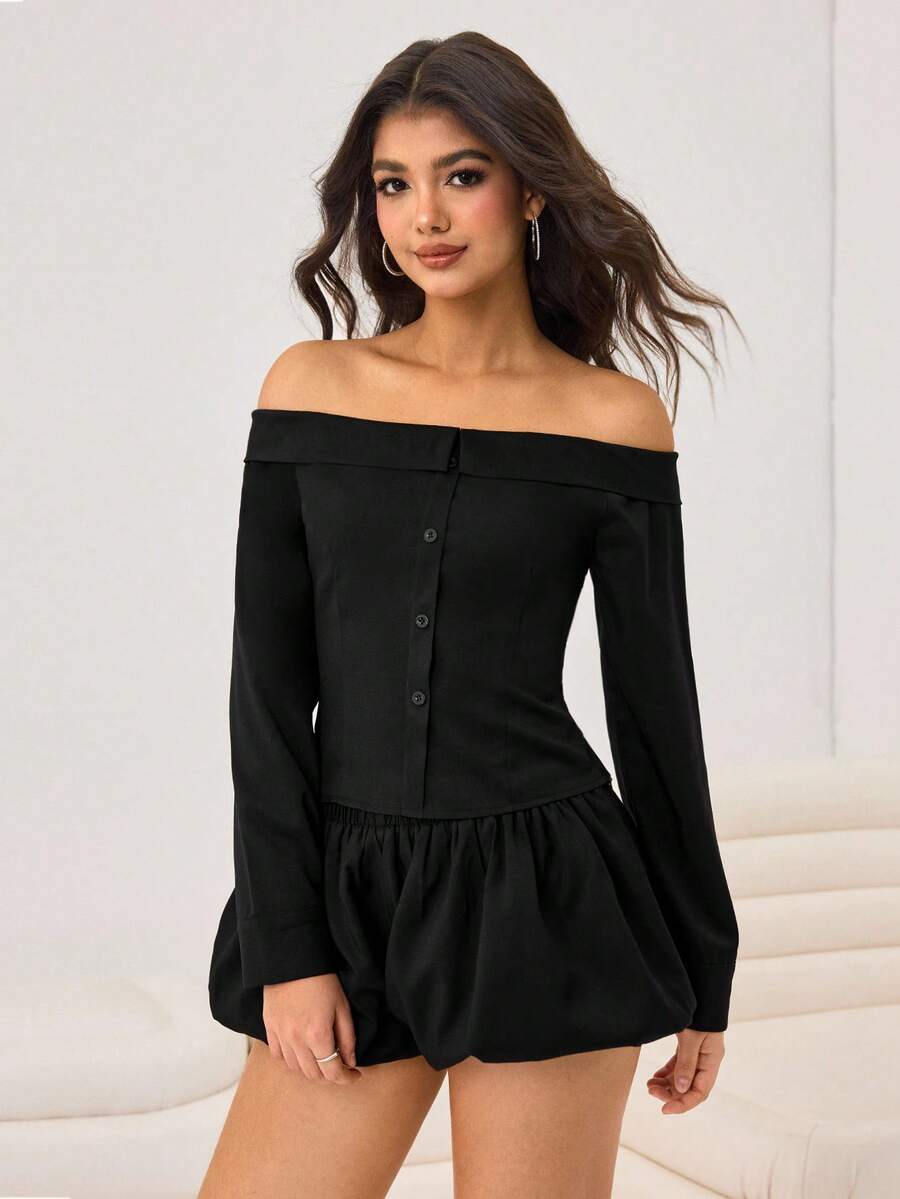 Aidyla 女士休闲街头风露肩上衣和超短泡泡裙两件套 - 黑色 - 查看 1