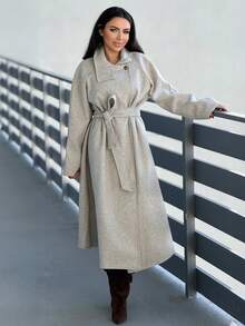 Durrani Popal Autumn And Winter Women's Casual High-Neck Button Belt Long Woolen Coat, Old Money Style Women's Clothing/Women's Office Wear/Outing Wear, Women's Autumn Clothing - Apricot - View 1