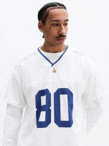 SUMWON Camiseta casual de manga larga con cuello en V, estampado de números y diseño de texto azul, de corte recto para hombre, cómoda para otoño e invierno - Blanco - Ver 4