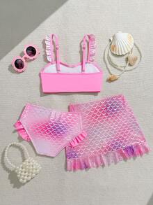 SHEIN Young Girl Mermaid Scale Print Ruffle Trim Bikini With Beach Skirt - Hot Pink - View 2