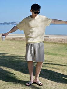 DAZY Áo thun nam màu be trơn, chất liệu vải dệt họa tiết, thoáng khí, khoét lỗ, thích hợp cho mùa hè. - Màu be - Xem 5