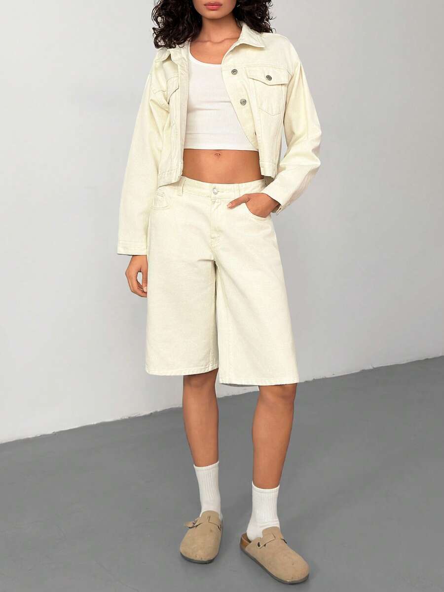 EURMUSE Spring/Summer Casual Solid Color Denim Jacket And Shorts Set Women Outfit Set Shorts Suits For Woman Denim Outfit Two Piece Set 2 Piece Denim Sets Woman Cream Two Piece Set 2 Piece Casual Sets Woman Comfortable Two Piece Set - White - View 1