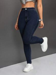 SHEIN PETITE 女士简约休闲纯色弹力修身牛仔裤 - 深色水洗藍 - 查看 3