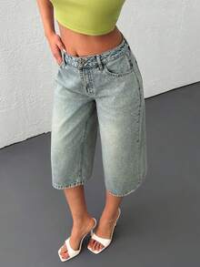EURMUSE Quần short denim dáng rộng, thoải mái, đã qua xử lý giặt. - Rửa trung bình - Xem 6