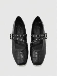 CUCCOO BIZCHIC Quadratische Zehenkappe Vintage Nieten Schnallen Mary Jane Schuhe, Damen Flache Ballett Schuhe mit niedrigem Rist und verstecktem Keilabsatz - Schwarz - Übersicht 2