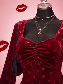 SHEIN ICON 大码女士情人节优雅爱心丝绒连衣裙 - 紅色 - 查看 3