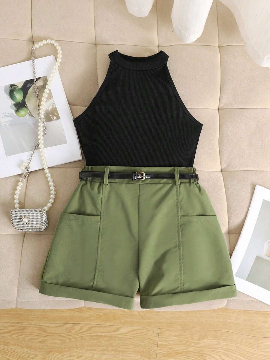 SHEIN 2件套少女黑色纹理针织露脐吊带上衣和短裤套装，休闲日常穿着