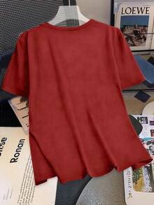 SHEIN Tall CURVE 大码女式夏季水钻装饰圆领T恤 - 紅色 - 查看 2