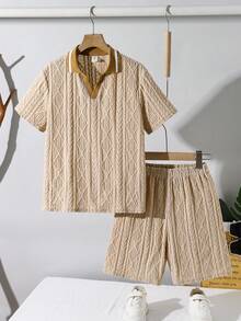 SHEIN Tween-Jungen 2 Stücke Poloshirt mit Kragen & Reißverschluss-Ausschnitt und Shorts Set, aus strukturiertem Stoff, bequemer Lässig-Urlaubsstil, geeignet für Outdoor-Aktivitäten, Straßenfotografie, Partys, Stadtbummel - Khaki - Übersicht 5