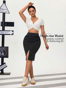 Flexra Women's A-Line Casual Slit Slim Denim Skirt - Dark Grey - View 4