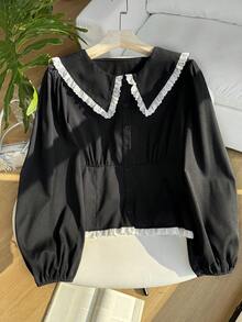 SHEIN EZwear 大码优雅刺绣单排扣荷叶领灯笼袖衬衫 - 彩色 - 查看 6