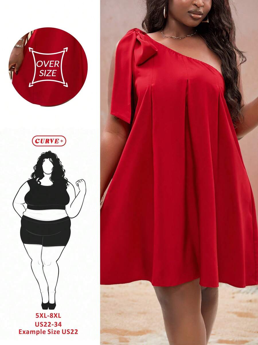 SHEIN CURVE+ 加大码女装红色纯色休闲连衣裙，简约时尚，适合日常穿着 - 紅色 - 查看 1