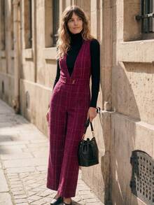 SHEIN LUNE Mono elegante de pana rojo vino con cuello en V sin mangas y ajustado a la cintura para mujer - Burdeos - Ver 4