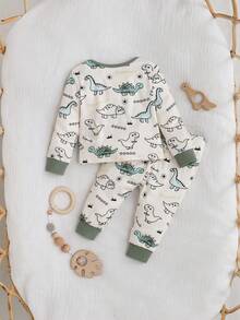 Newborn Baby Boy Cute Casual Cartoon Pattern Patchwork Long Sleeve Pajama Set Neutral - Green - View 2