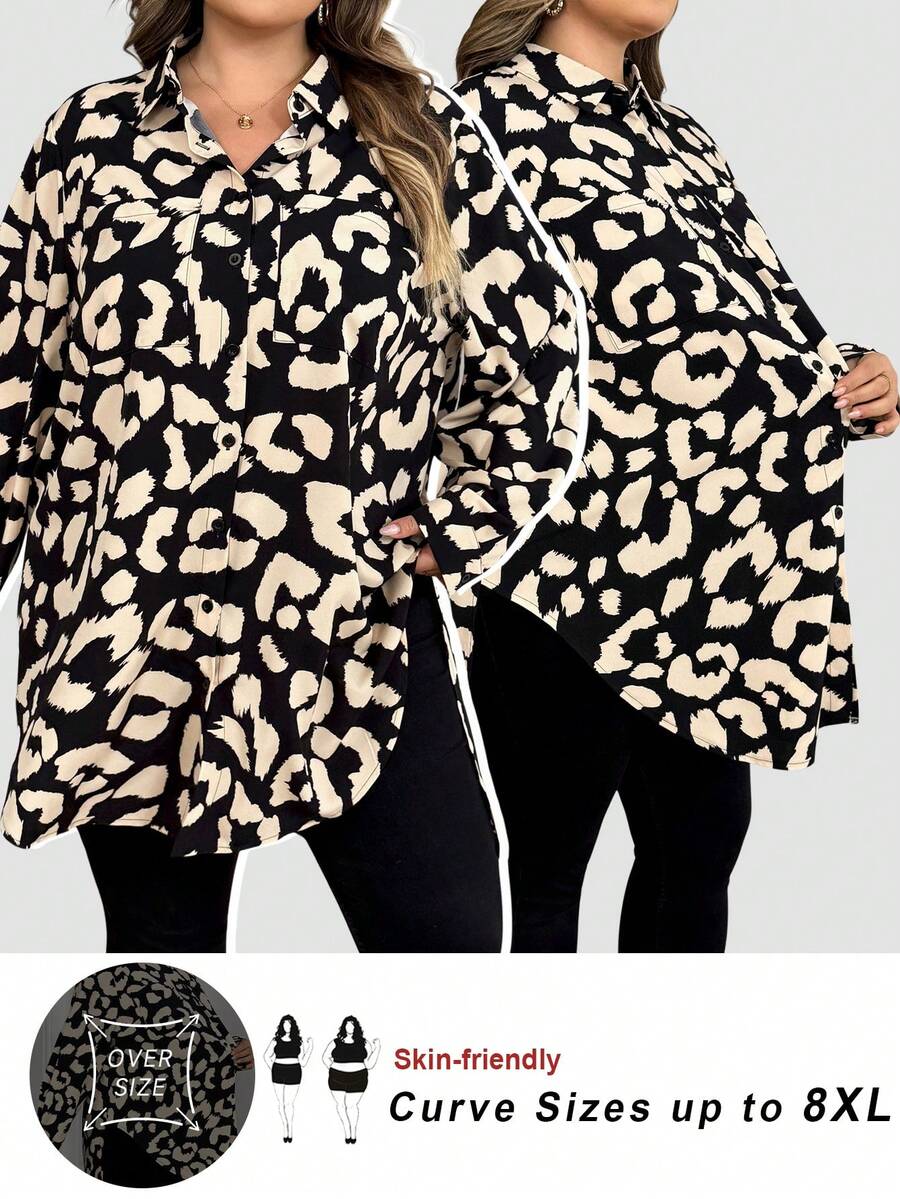 SHEIN CURVE+ Áo sơ mi dài tay dáng suông, in họa tiết, cỡ lớn, thích hợp mặc hàng ngày vào mùa thu và mùa đông. - Nhiều màu - Xem 1