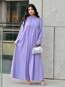 Al Najma 女士彩色水钻装饰立领长袖优雅阿拉伯风格连衣裙 - 紫色 - 查看 2