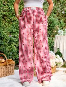 SHEIN 孕妇休闲格子草莓刺绣裤 - 紅色 - 查看 4