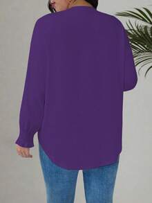 EMERY ROSE Plus Size Women Knitted Crew Neck Cable Sleeve Casual Shirt Plus Size Oversized T Shirt Plus Size Long Sleeve - Purple - View 2