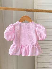 SHEIN Baby Girl Cute Versatile Summer Pink Plaid Bow Tie Short Sleeve Top - Pink - View 2