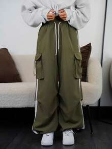 SAYEHFBABY Women's Fall/Winter Back To School Streetwear Sport Basic Flap Pocket Side Drawstring Waist Parachute Grey Cargo Pants - Army Green - View 3