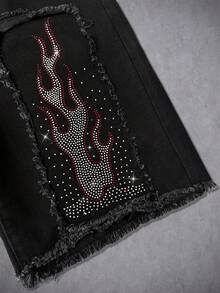 Manfinity Denimwave American Distressed Rhinestone Flame Embellished Jeans - Black - View 3