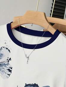 Resyla 女士户外休闲上衣，甜美风格，优雅设计，夏季新品，户外运动服，修身腰部褶皱短袖T恤，白色，花卉印花图案 - 白色 - 查看 5