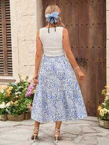 SHEIN 孕妇纯色吊带背心和可调节腰围印花中长裙两件套 - 白色 - 查看 2