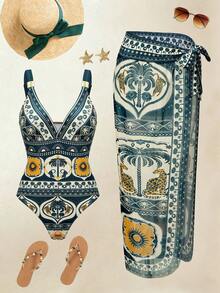 Swim Oasis 女士棕榈树印花吊带连体泳衣，配同款罩裙 - 彩色 - 查看 14